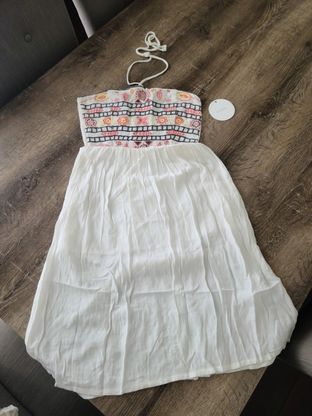 En Creme White Strapless Dress with Pink, Yellow and Black Embroidery